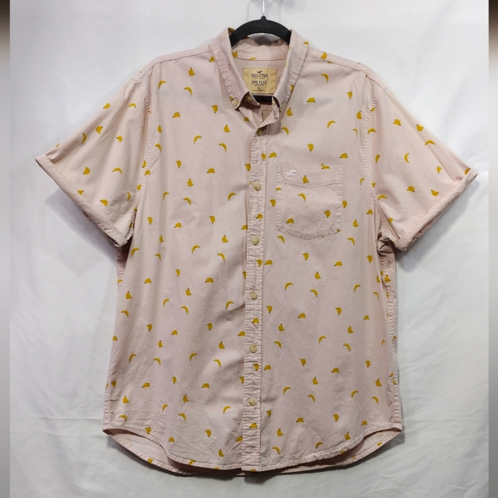 Hollister Light Pink Short Sleeve Button-Down with Yellow Banana Print